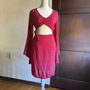 FLYNN SKYE | Moscow Red Polka Dot V Neck Bell Sleeve Cutout Mini Dress | Medium